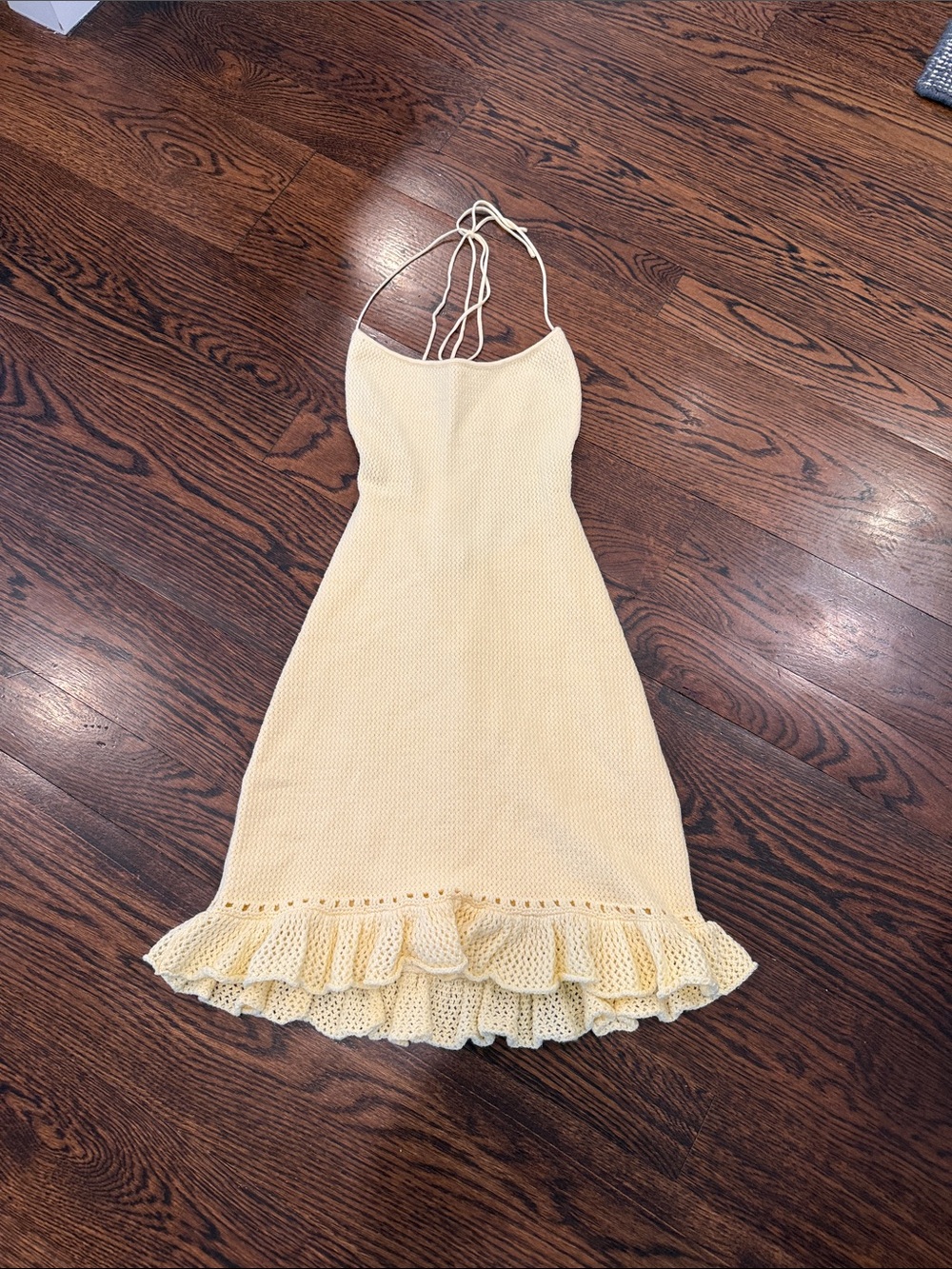 Danielle Guizio Pale Yellow Knit Halter Ruffle Hem Dress